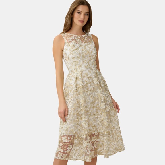 Adrianna Papell Floral Embroidered Crew Neck Fit and Flare Dress - Picture 1 of 17